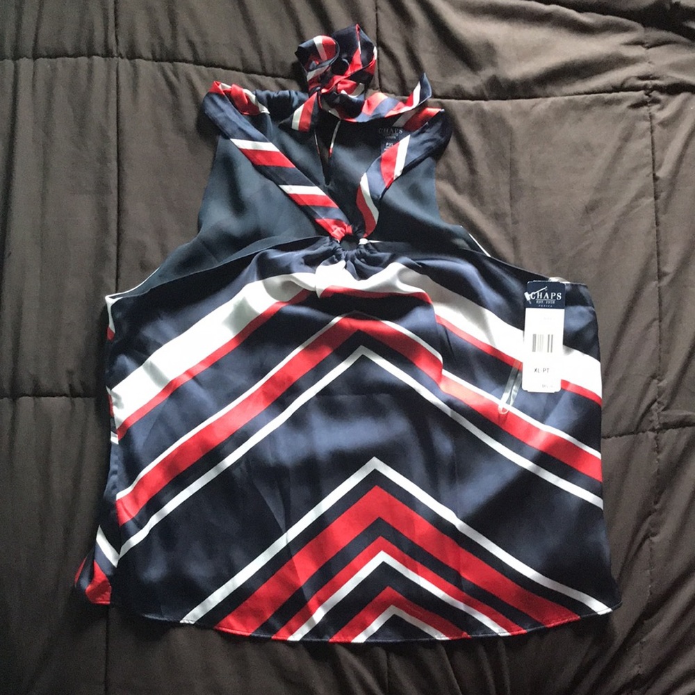 CHAPS petite navy USA multi colored lined tie up halter top. Brand New Size PXL.